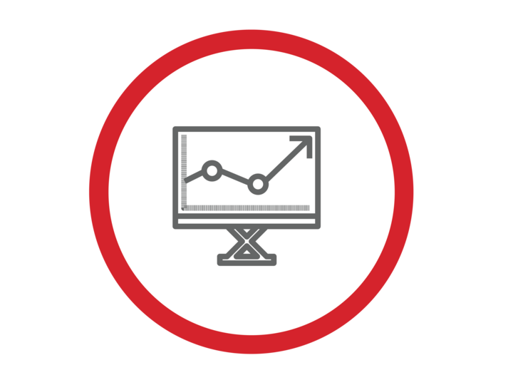 Data visualization Icon: a monitor with a segmented line to indicate a general upward trend