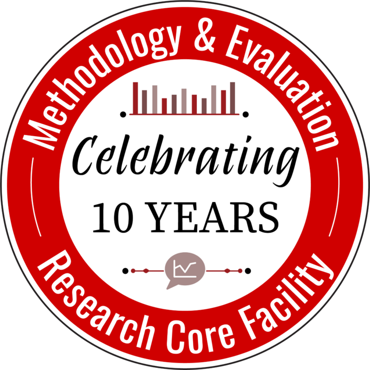 In a red band around the edge of the circle are the words "Methodology & Evaluation Research Core Facility" with "Methodology & Evaluation" on the top half and "Research Core Facility" on the bottom. In the center of the white circle (which is encompassed by the red band) are the words "Celebrating 10 Years." Above the "Celebrating" script is a line with a column bar chart sprouting from it which is an element of the MERC logo. Below the "10 Years" serif type is another bar, but it is overlayed with a speec