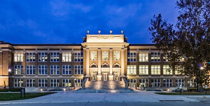 Whittier building at dusk